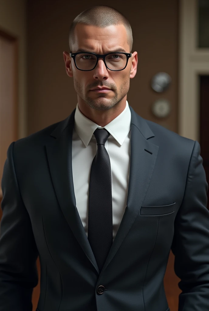 A man with a buzzcut haircut, white, tall, muscular, with a solid appearance, wearing a suit, looking handsome, wearing a tie, wearing glasses.