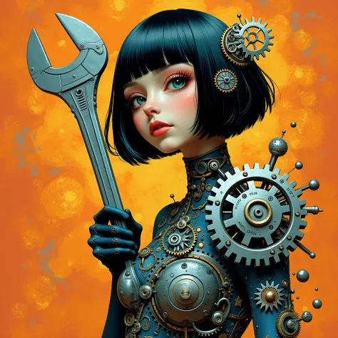 A figure with intricate clockwork components and stylized gears, rendered with a neo-photorealistic aesthetic, stands with confident posture, grasping a wrench. She has a sleek, dark bob and sharp, metallic features, set against a vibrant, cyan-orange back...