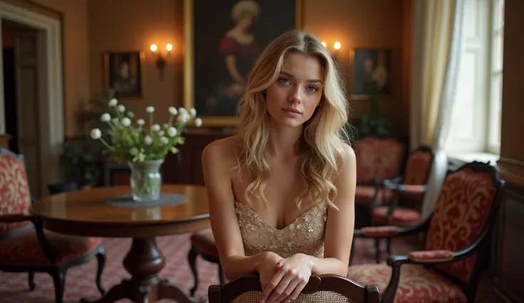 Interior of a living room with 19th century style furniture, in the center of the room a round table and 2 chairs. A beautiful young woman, aged 18, blonde, with long, wavy, tightly curled, shoulder-length hair, dressed for the holidays, in an evening gown...