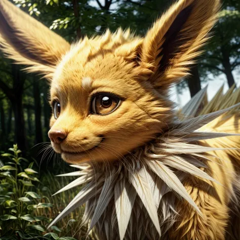 full body, Rapid Descent, (high detail, film photography, soft focus, soft shaded, RAW candid cinema, photorealism:1.2, realistic, photorealistic:1.4, analog style, subsurface scattering, masterpiece, best quality, ultra realistic, 8k), Jolteon, Pokemon, y...