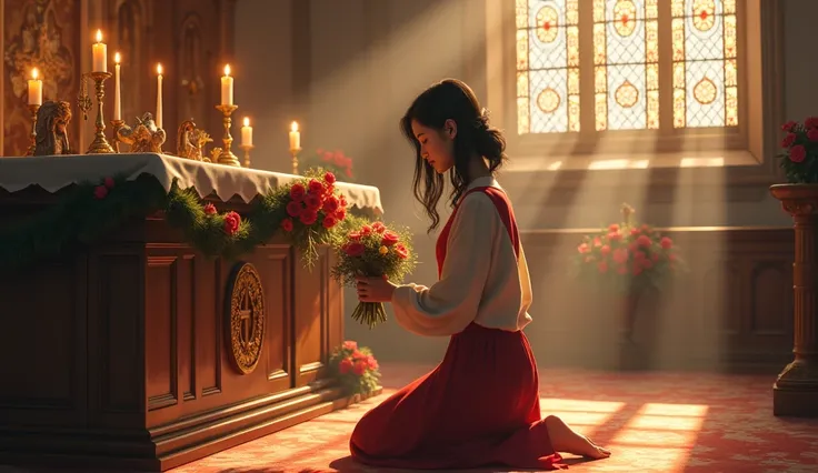 Placing Flowers at the Altar:
A 28-year-old Muna woman kneels at the altar, carefully placing a small bouquet of flowers. Her expression is reverent and filled with quiet hope. The altar is adorned with candles, a nativity scene, and Christmas garlands, wh...