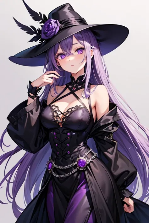  One Beautiful Girl 　Shows up to the waist　 light purple hair 　 long loosely wrapped hair 　Purple eyes　 No Emotion　black and purple watchmaker clothes 　 black silk hat with silver cogs