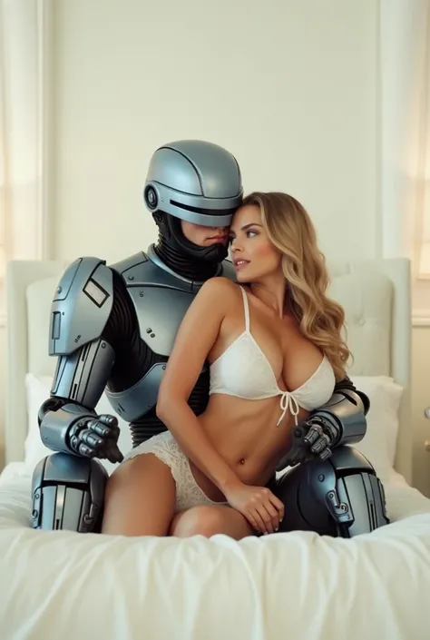 A beautiful woman, a Scarlett Johansson look-alike, with a real sexy, curvy body in a sexy white lingerie and is in a romantic embrace with RoboCop.