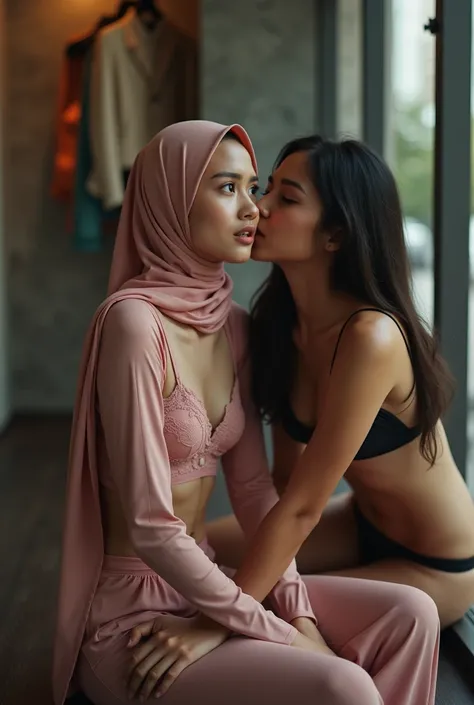 Beautiful 17yo Indonesian hijab teen girl smooth skinned and white,wear thin tight lingerie in pink,  opens mouth and fears crying while sitting in store , kissed by beautiful woman with reverent expression wearing black bikini,HD image,full body photo, fu...