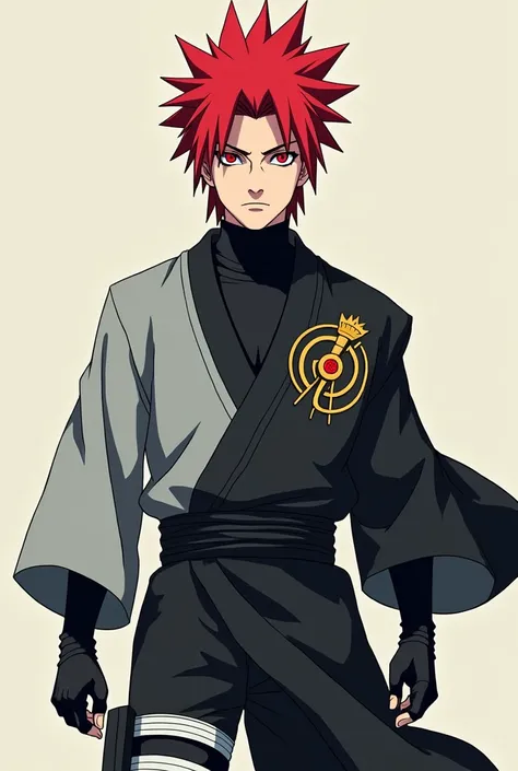 naruto uzumaki with spiky hair in red, red eyeball and a grey gi, a long-sleeved black undershirt with a turtleneck, golden wolf design engraved on black shash, black pants and pointy black boots.