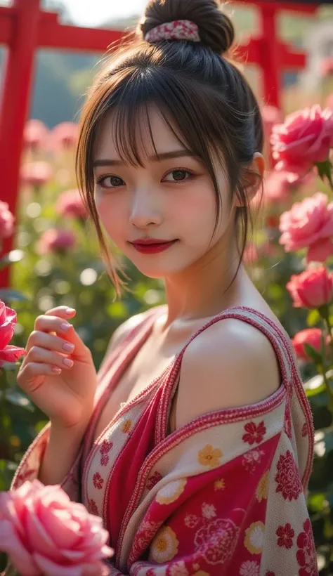 1 Beautiful young girl,   super beautiful detail face ,  Laugh shyly in the Rose Garden , ( slender body:1.2), (Colorful patterns for Japanese kimonos:1.3),  dark brown hair ,  bun hair , ( beautiful face:1.2),   conceptual art  ,  High Quality ,  realisti...