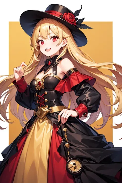  One Beautiful Girl 　Shows up to the waist　 short　Baby Face　 Golden Hair 　Blonde　 long hair　 princess cut　Red eyes　Double teeth　smile black and red watchmaker clothes 　 black silk hat with gold cogs