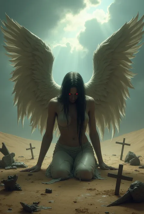  Fallen Angel Under a Stormy Sky 
" A fallen angel with torn wings ,  kneeling in a dark desert under a stormy sky , with rays illuminating in the background .  Your expression is one of anguish ,  with eyes shining in red tones . Around him,  broken and a...