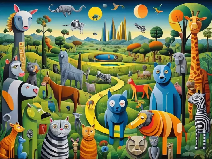 masterpiece, 50mm, cat and dog and monkey and  Crocodile, zebra, bear, rabbit, goat, bird, elephant, and giraffe, bioluminiscent eyes, looking at camera, Cubist, Pop Art, Random arrangement and sizes, A landscape where each of them is living their daily li...