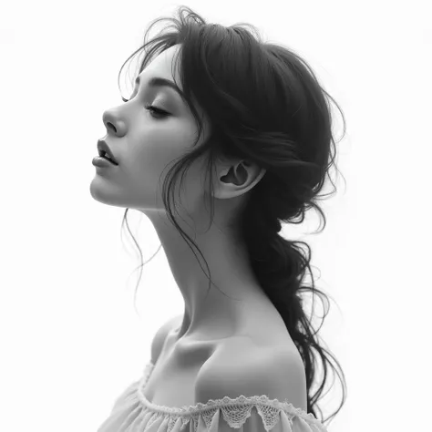 Dessine moi en photoréalisme une fée vue de côté en noir et blanc, style jolie fille, fond blanc.