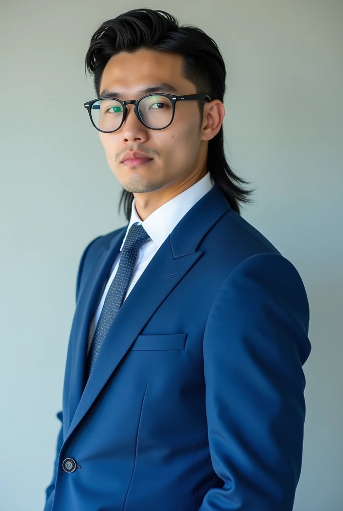 A man with a mullet haircut, very white, very handsome, a young Chinese tgirl, tall, muscular, with a solid appearance, wearing a blue suit, looking handsome, wearing a tie, wearing glasses.