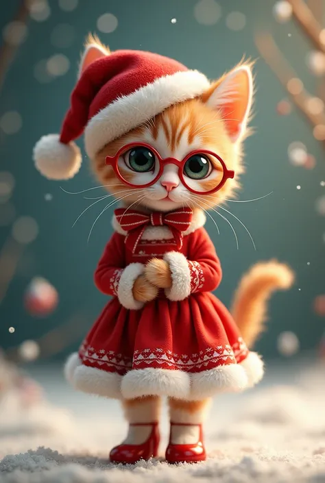  cute and very small kitten、 Standing Upright on Two Legs 、 frilly Christmas dress 、 high heels、hat、Cute white and red glasses 、 christmas background 、 write the letters Merry Christmas on the top in English、3d、 8k、 illustrations