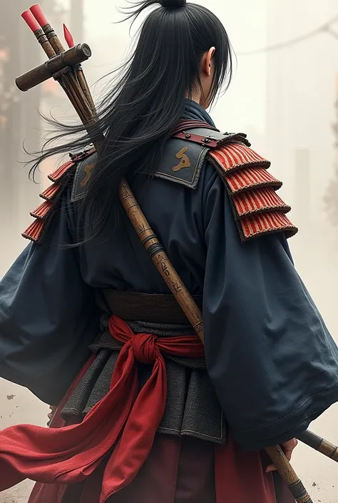   a male samurai from the Sengoku period 、  long black hair 、Original character wearing 、He has a thin military fan shaped like a gourd and a large sickle tied to a chain.　There is a bow and arrow on the back　Realistically　photograph　 realism 