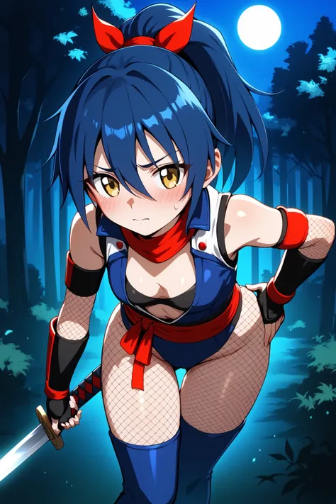 Saotome Rei,megami magazine,long hair,blue hair,hair between eyes,yellow eyes,small breasts,
(ninja:1.2),(fishnet-bodysuit:1.3), bare shoulders, detached sleeves, cleavage,thighhighs,ponytail, blue hair,(red ribbon:1.2),(ninja sword:1.3),
1girl,(is embarra...