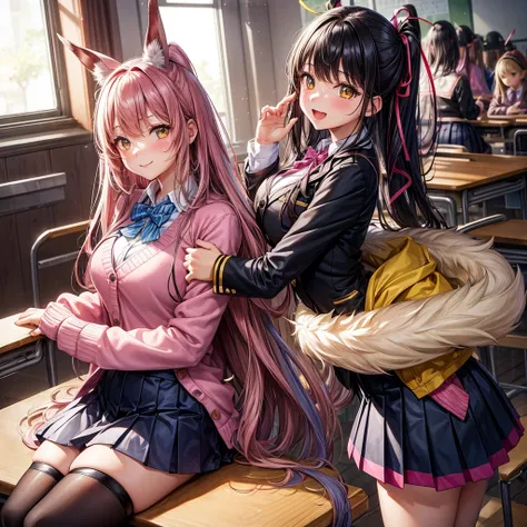 best quality，8k，classroom， pink cardigan，７ girls sitting in a mirror ，色とりどりなタイツを履いています。This is the background of Diamond School。smile，blazer，ribbon on uniform，mini skirt，high school girl，multiple girls are depicted， Leather Shorts ，Future Blazer ，Multicolo...