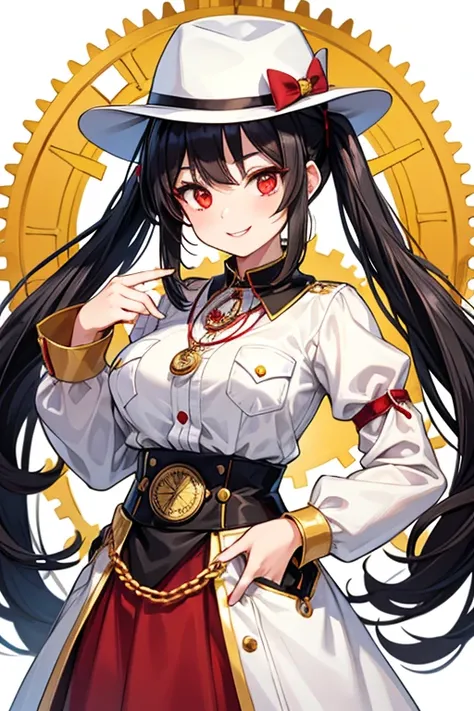  One Beautiful Girl 　Shows up to the waist　 black hair　 black hair　 long hair　 Twin Tails 　Red eyes　popping smile white and yellow watchmaker clothes 　 white silk hat with copper-colored gears　Pocket watch