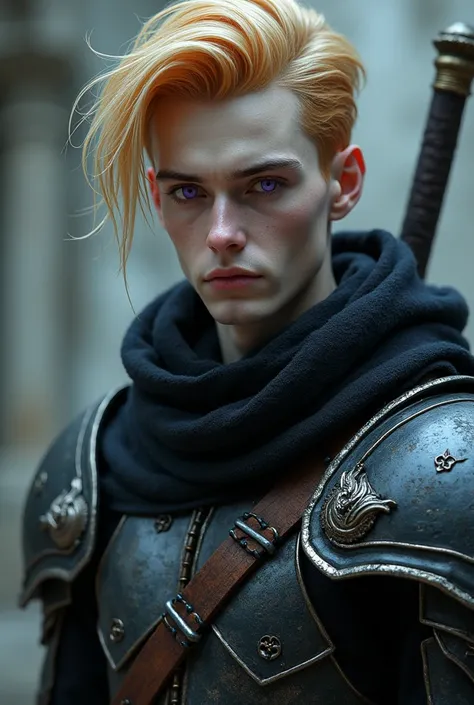 Paladin Drow , tall and thin man, with dark ,  cement-gray , blond orange ;  purple eyes,  hair with a youthful beautiful face and detailed dark armor with little damage to its surface 