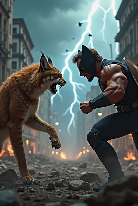 Create a highly detailed scene where an angry lynx and a muscular superhero resembling Wolverine face each other in a tense, combative standoff. The lynx should have a ferocious snarl with its mane bristling, and the superhero should appear equally intense...