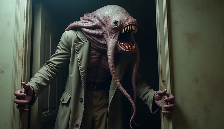 standing 7 foot tall humanoid with octopus like head and sharp tooth , wearing old duster coat , hiding behind the door , hyper realistic , UHD.