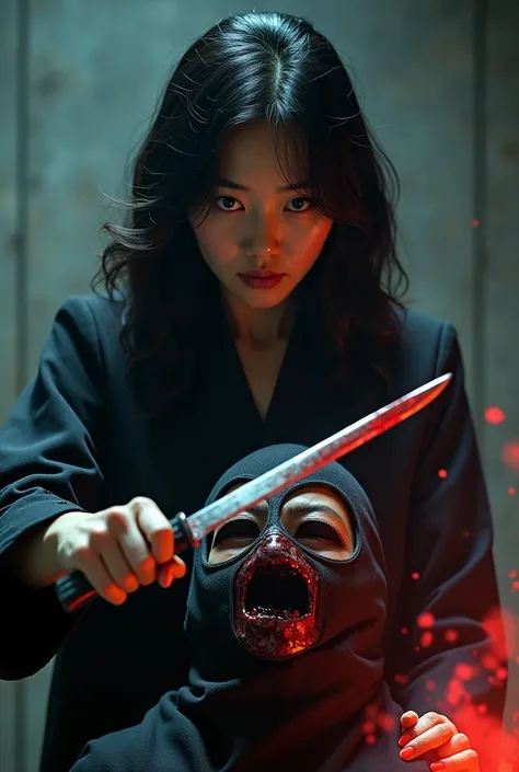 Modern, Realistic, a very beautiful asian woman, woman very thick hair, woman very glisten hair, knife cut throat a boy, neck bloody splash, wide open throat, throat contents, boy full face mask ninja, woman knife, woman 50 year old, woman very old, woman ...