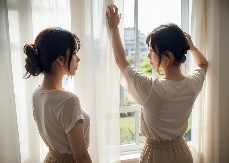 Asian woman is opening curtains with both hand. View from behind. Back view of a woman.