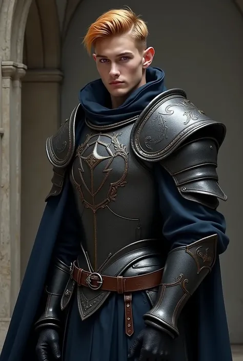 A paladin is a dark elf , tall and thin man, with dark ,  cement-gray , blond orange ;  purple eyes,  with a youthful handsome face and detailed dark armor with little damage to their surface 