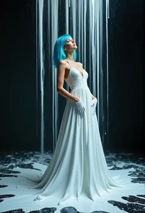 ((( professional photo shoot ))) Wonderful and  ((( surreal image )))  of a beautiful woman with light blue hair, You in a dark room ,  where white paint flows down from the ceiling,  dripping down her body ,  paint creates a beautiful dress on her body.  ...