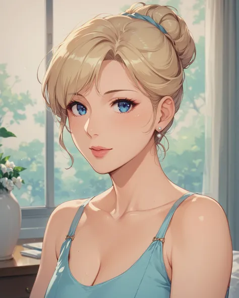 score_9, score_8_up, score_7_up, blonde, blue eyes, perfect eyes, anime milf, elegant mature woman, home, soft light