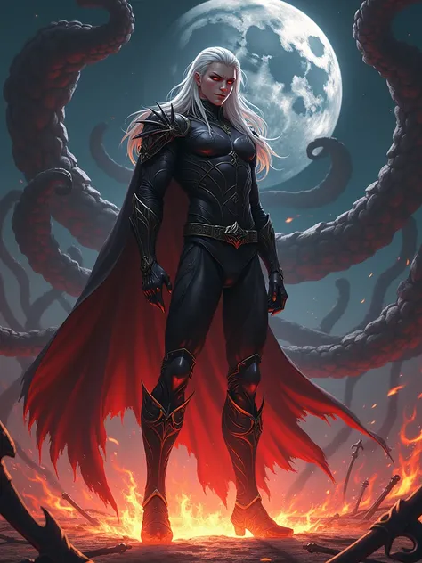 Strong handsome anime male fighter with red eyes and long white hair in a gothic combat suit，Turn sideways，There is a flame under your feet，The ground is full of swords，  and 8 big black tentacles grow from behind him ，A huge black moon hangs in the sky 