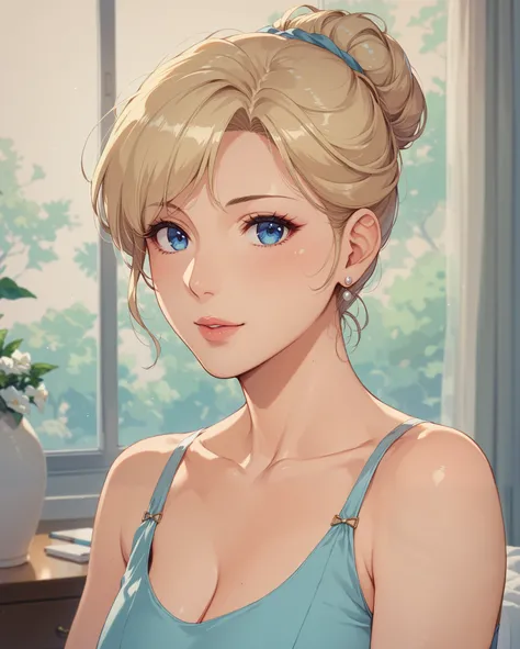 score_9, score_8_up, score_7_up, blonde, blue eyes, perfect eyes, anime milf, elegant mature woman, home, soft light