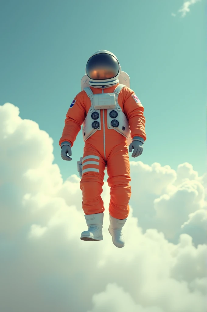 Astronaut in orange nasa suit levitating in the sky going higher and higher 