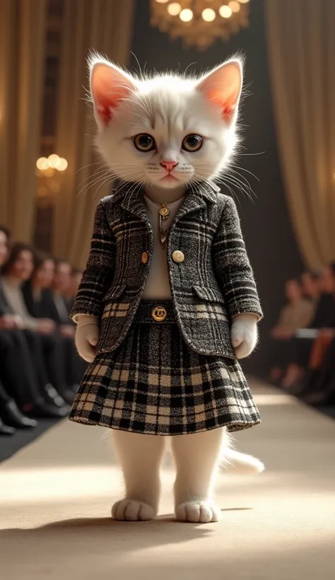 a cute kitten standing, in Chanel clothes, Cotton Tweed Black, Ecru & White, looking at the front, fashion stage bg, realistic