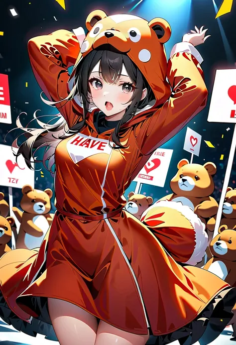 ( top quality, Extremely Precise Depiction , amazingly high resolution ), Transformed Characters , in a bear costume:1.3,Arms raised pose, open her mouth ,I have a big placard