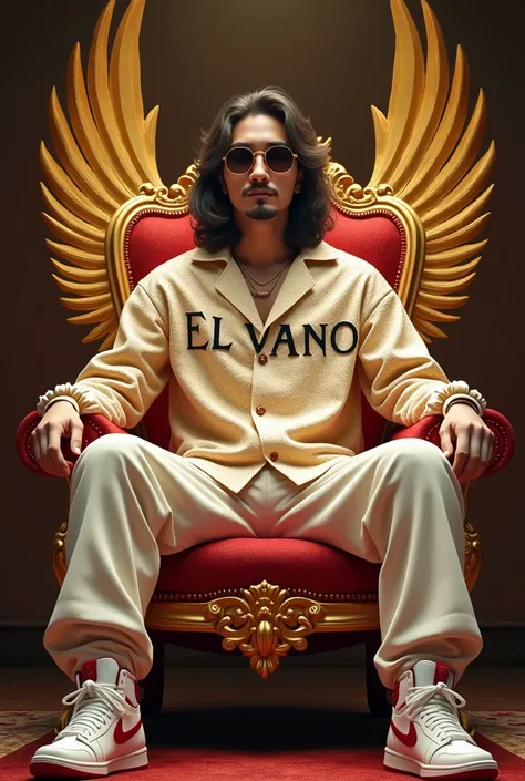  Realistic Photo 4D ,guy,  hair midlle part wearing sunglasses wearing a cream color hodie in Indonesian batik motif and on the front it says el vano wearing white jordan shoes, red is sitting on the kings chair against the background of golden wings and t...