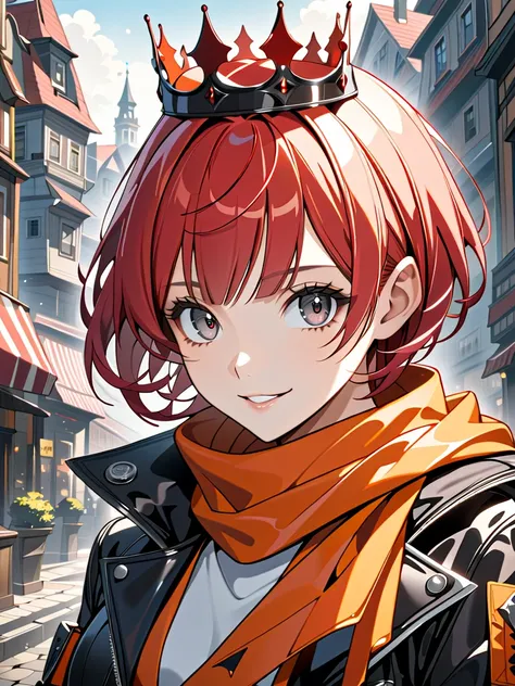 (masterpiece, ultra detailed, top quality), anime, (medium shot), solo girl, mid teens, (shiny skin, pretty face, big gray eyes, red short hair:1.4), crown, orange scarf, leather jacket, shorts, evil grin, cel shading, beautiful fingers, fantasy town.