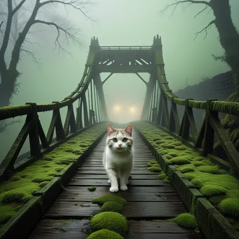  Christmas Night,  The collapsing bridge shrouded in deep fog ,  A frightened cat crossing carefully .  The atmosphere is eerie and mysterious ,  The cat captures the essence of fear and uncertainty .  The bridge is weathering , Moss and cracks ,  shrouded...