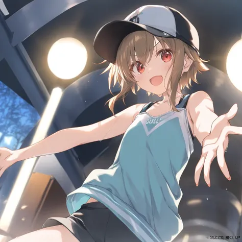 1girl, little female, tomboy, flat chest, sweat, shorts,beautiful detailed eyes,open mouth,baseball_cap, outdoors, wind,  game CG, break,(artist:mitsumi_misato),artist:fujiyama,artist:kokonoka,artist:aquaplus, break,(masterpiece), (best quality), (ultra-de...