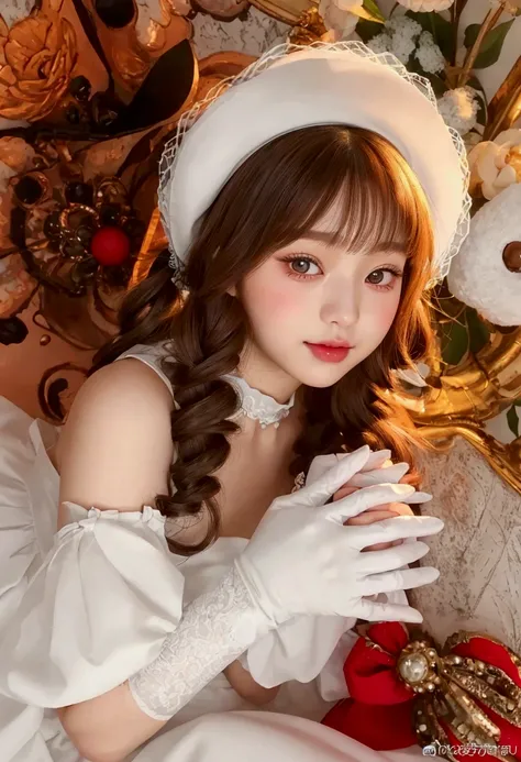  A close up of a woman wearing a white dress and a hat., ulzzang, Ultra-realistic Bunny girl sweet , trending on cgstation, Sakimichan, white pigtails_Gloves,  Very beautiful and cute kitten ,  white haircut hime , cute kawaii girl , Portrait of Japanese G...