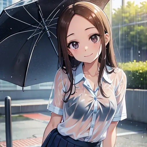 School uniform wet in the rain。transparent light blue bra。 small breasts。smile