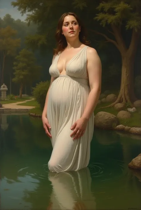 A painting drawn in the style of Rafael , 1 female, mature, standing in a pond, with large breasts, dressed in a white translucent dress