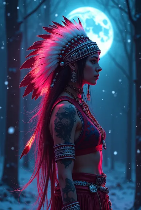 Intricate magic an art graffiti art neon light form zombie cyberpunk beautiful Indian girl wearing Indian Apache fashion neon standing around formula biology physics math Pythagoras gear neon forest background night glowing moon wolf roaring plus sprinklin...