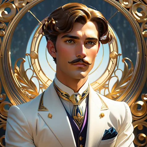  there is an elegant and ethereal GENTLEMAN An elegant,manly,Rough,no gay in Art Nouveau style,half body photo, improve, luna hermosa y brillante detras de su cabeza luz que hace resaltar su rostro ( better quality,  Masterpiece,  Representative work,  off...