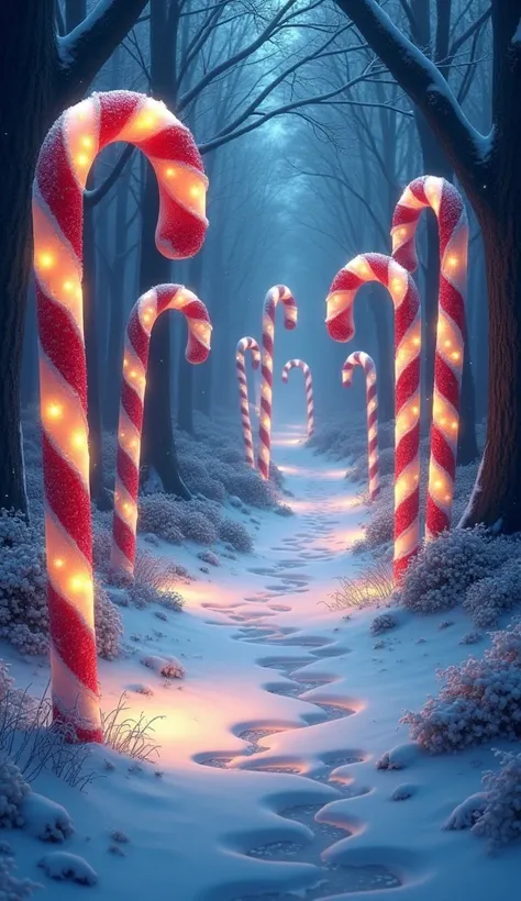 An enchanted forest path lined with glowing candy canes, where snowflakes sparkle in the air like tiny stars.