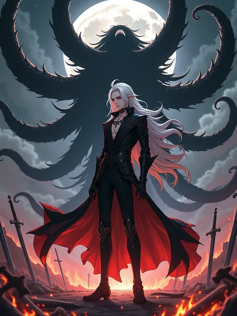 An anime male fighter with blood eyes and long white hair in a gothic combat suit，Handsome and strong，Turn sideways，There is a flame under your feet，The ground is full of swords，  and 8 big black tentacles grow from behind him ，A huge black moon hangs in t...