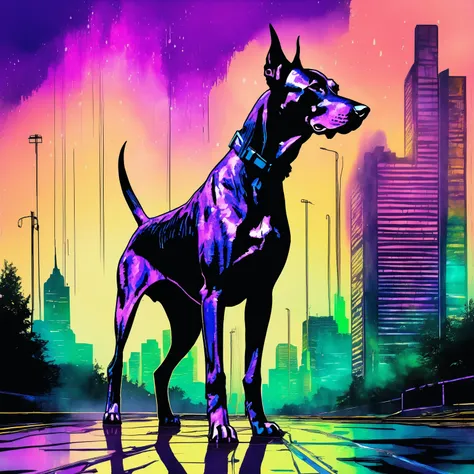 a front view of a standing Dobermann in an asymmetrical imaginary and surrealist watercolor with sketch style of a large perspective rainy scene at dusk. futuristic, technology,  phosphorescent, luminescent , rain, glow, cinematic, abandoned . the electric...