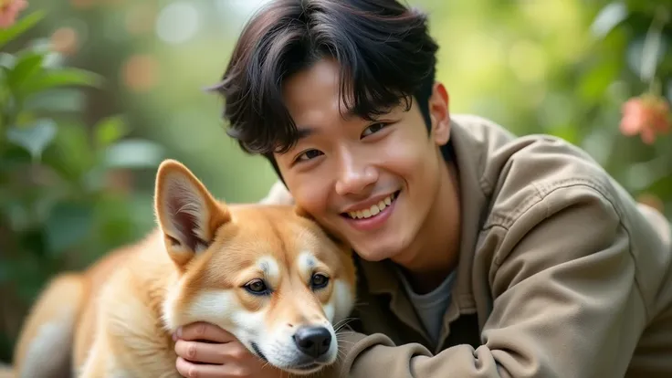 Handsome korean guy sitting with cute dog happily Photo