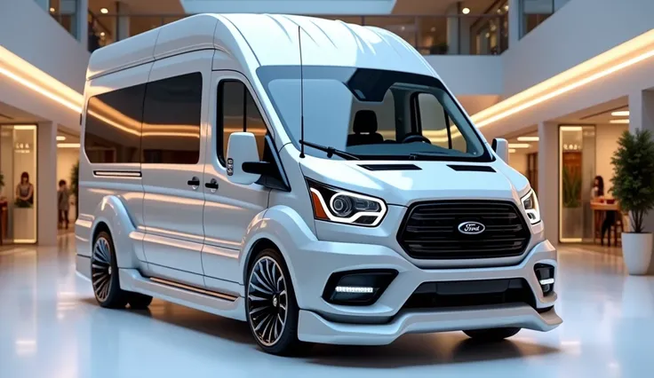 A Photo Of The Front View Of A White 2025 Ford transit passenger wagon  With A Sleek Full Modified Modern Design.The Display Logo Of The Car Is Parked On A White Surface.The Background Is A Shopping Mall With White Lights.The Photo Reveals The Luxurious In...