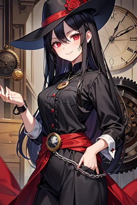  One Beautiful Girl 　Shows up to the waist　 black hair　 black hair　 long hair　Red eyes　Bewitching Smile Black Watch Shop Clothes　 black silk hat with silver cogs　Pocket watch