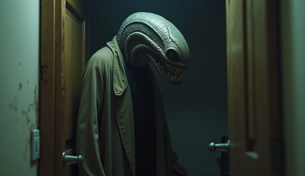 standing 7 foot tall humanoid with alien like head and sharp tooth , wearing old duster coat , hiding behind the door , hyper realistic , UHD.