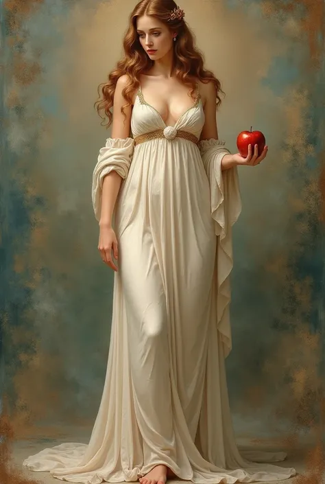 Full body and standing representation of the goddess Aphrodite, painted in vintage oil painting style, inspired by the works of Sandro Botticelli. Aphrodite is portrayed as a graceful and elegant figure, com cabelos longos e ondulados, dressed in a flowing...